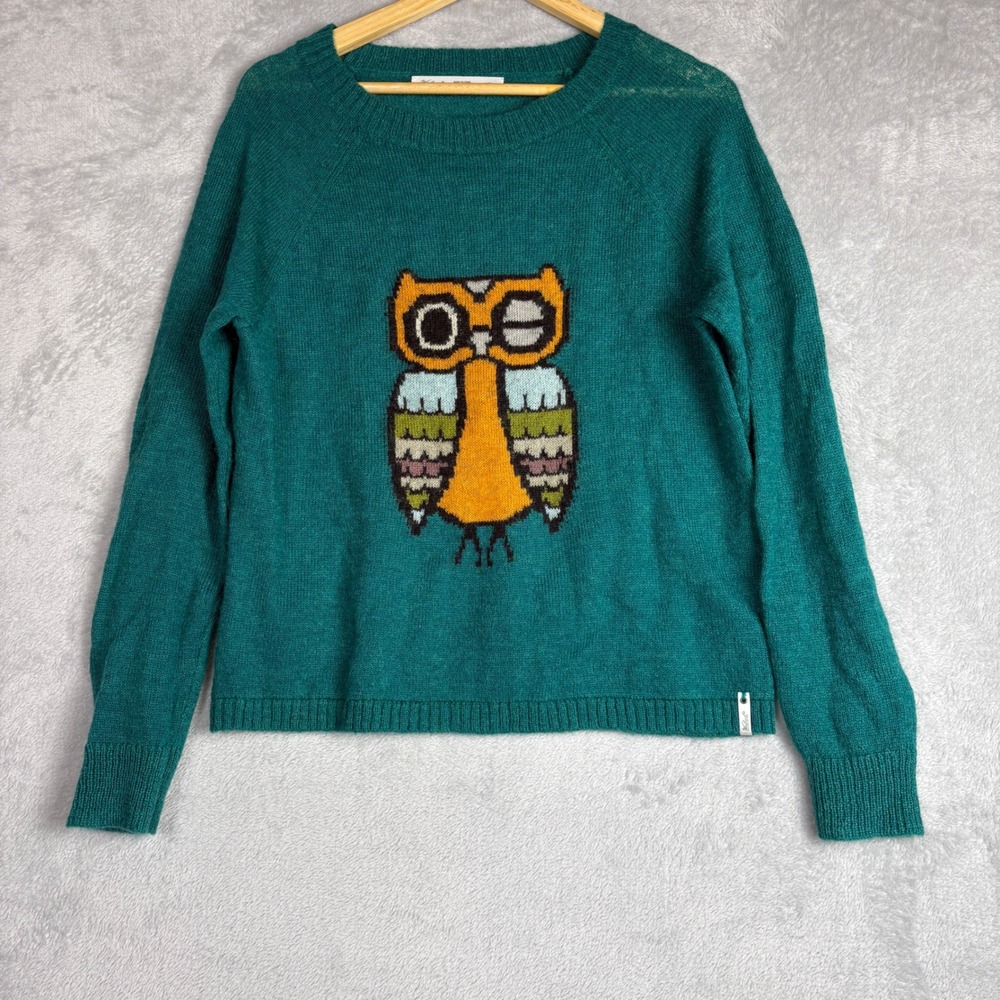 Woolrich Teal Green Owl Intarsia Mohair Wool Blend Knit‎ Sweater Medium Womens